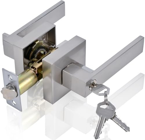 YELANGU 1 Pack Satin Nickel Door Handle Lock, Entrance Door Handles with Lock and Key, Safety Locks Cover Outer Door Handle(Silver)