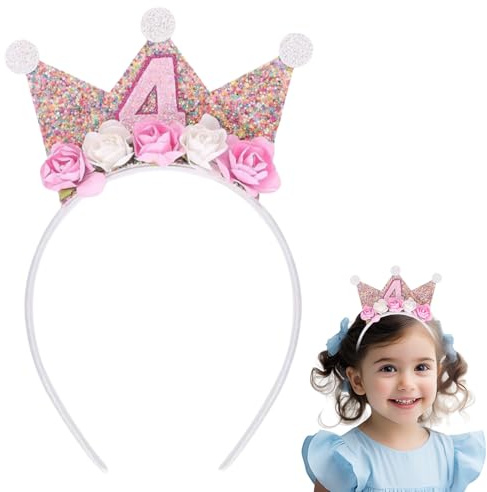 4. Geburtstagskrone Mädchen mit Glitzer Prinzessin Stirnband - Geburtstagsdeko 4 Jahre, Deko Kinder Birthday mit Rose Blumen
