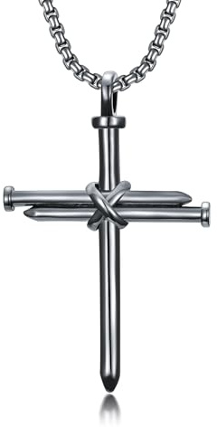 PROESS Collana a croce in argento sterling 925 con tre chiodi, ciondolo religioso, gioielli cristiani, regalo per uomo, marito, fratello (nero)