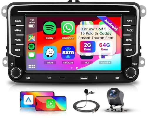 Hodozzy 2GB+64GB Android Radio para VW Golf 5 6 T5 Polo 6r Caddy Passat Touran Seat con Carplay Android Auto Inalámbrico, Pantalla Táctil de 7 Pulgadas Radio con GPS WiFi Bluetooth DSP FM/RDS Cámara