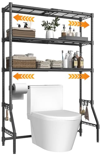 steelhooyee Expandable Over The Toilet Storage Rack, 3-Tier Adjustable Height & Width (22-38) Metal Bathroom Organizer Shelves, Space Saver Above Toilet Over Washer and Dryer Shelf for Laundry Room