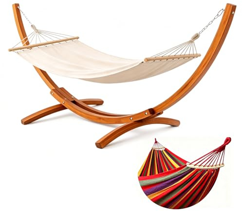BELONID Hängmatta med ram, med 2 hängmattor, 200 kg lastkapacitet, mått: 320 x 120 x 120 cm, stabil bågram av massivt furu, för trädgård, terrass och balkong (röd)