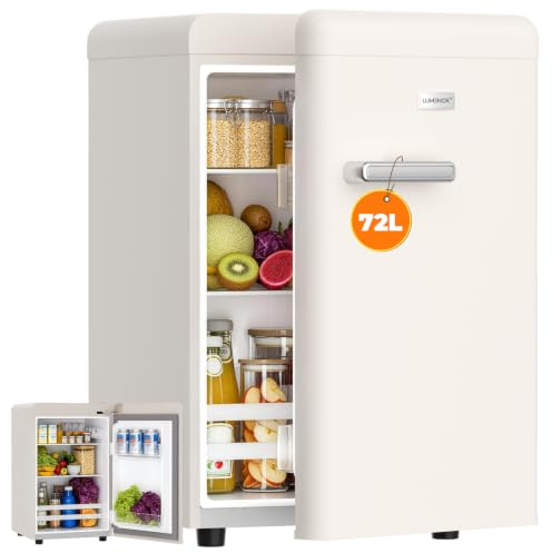 LUMENOX Retro Mini Fridge, 72L Compact Refrigerator, 43dB Quiet Operation, Adjustable 7-Temp Control, with LED Light, for Bedroom, Office, Kitchen & RV