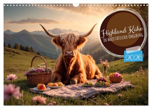 Highland Kühe (Wandkalender 2026 DIN A3 quer), CALVENDO Monatskalender: Highland Kühe in verschiedenen Landschaften und anmutigen Sonnenuntergängen (CALVENDO Tiere)