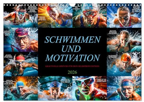 Schwimmen und Motivation (Wandkalender 2026 DIN A3 quer), CALVENDO Monatskalender: Lassen Sie sich von den Sprüchen und der entschlossenen Haltung der Athleten faszinieren. (CALVENDO Sport)