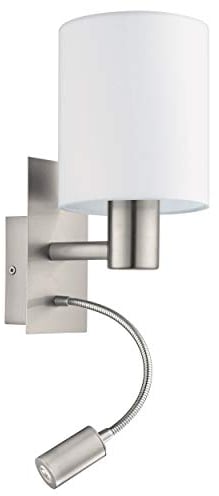 EGLO Wandlampe Pasteri, 2-flammige Textil Wandleuchte mit LED Leselicht, Leselampe aus Metall in Silber und Stoff in Weiß, E27 Fassung
