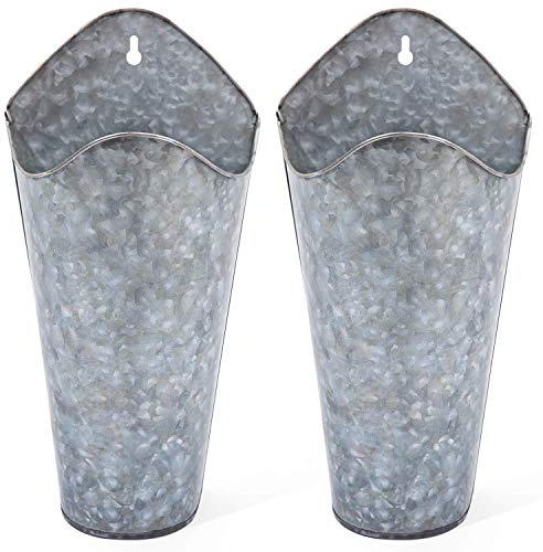 Mkono Galvanized Metal Wall Planter Farmhouse Wall Vase for Artificial Plants Flowers, Rustic Hanging Fake Flowers Holder Country Home Bedroom Living Room Decor Set of 2, Silver, Small