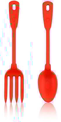 Kochblume Servier Set, 2-teilig, Löffel und Gabel | Premium Premium-Silikon & BPA freimit Edelstahlkern (rot)