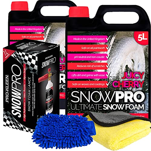 SnowPro Snow Foam Shampoo Car Wash Soap 10L pH Neutral Pre Wash Cherry Fragrance With Microfibre Mitt, Cloth and Lance Gun Kit