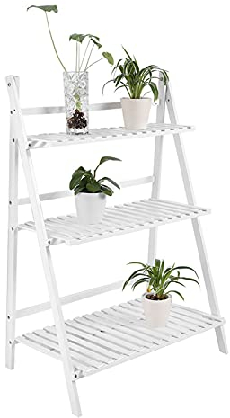 AYNEFY Blumentreppe Blumenst?nder Balkon Pflanzentreppe Bambus Holz 3 Ebenen Blumenregal Pflanzenst?nder Au?en und Drau?en Pflanzenregal f¨¹r Balkon Garten Wohnzimmer, 70 x 40 x 96 cm (Wei?)