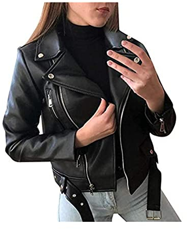 Youning Damen PU Lederjacke Bikerjacke mit Reißverschluss Kurze Jacke mit Reverskragen Biker Motorrad Jacke Mantel Trenchcoat Übergangs Jacke