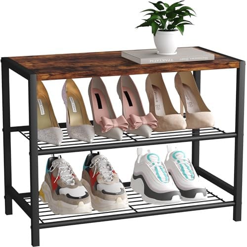 HOME BI Industrial Shoe Rack, Metal Shoe Rack, Shoe Bench with Stable Metal Frame, Durable Shoe Rack for Closet, Hallway, Entrance, Living Room (3 tiers, rustic brown)