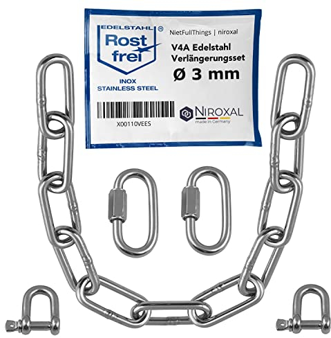 50-cm = 0,5-Meter 3-mm starke Verlängerungs-Kette aus Edelstahl Bruchlast max 350 kg mit Schäkel Schraub-Verbinder aus V4A Befestigungs-Set Aufhängung von Boxsack Hängematte Hängesessel