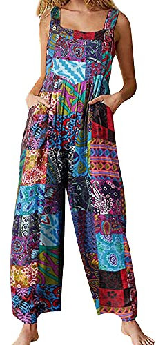 Springcmy Women's Loose Overall Dungarees Floral Jumpsuit Sleeveless Casual Baggy Playsuit Summer Wide Leg Long Pants Romper (A-Blue, 2XL)