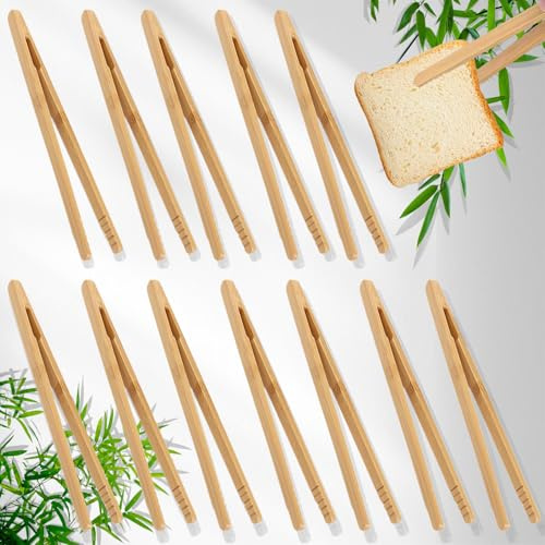 Brateuanoii 12 Stück Bambus Küche Zange, Holzzange Küche, Grillzange Holz | Lebensmittel Tee Pinzette, Toast Zangen Bambus, Bambus Küchenzange zum Kochen, für Salat, Backen, Sicher und Ungiftig-17.5cm