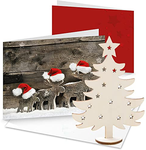 Logbuch-Verlag 10 Weihnachtskarten DIN A6 inkl. Kuverts + Weihnachtsbaum Miniatur aus Holz - Geschenkidee Weihnachtspost Kunden Kollegen