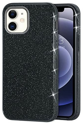 Mixroom - Custodia Cover per iPhone 12 Mini Case in TPU Morbido Nero con Brillantini Glitter 3 in 1