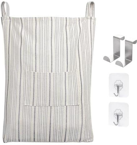 Farmhouse Hanging Laundry Hamper with 2 Hooks, Washable Beige & Stripes Linen Laundry Bag with Zipper & Wide Open Top, Over the Door Organizer for Dirty Clothes, Space Saving Storage