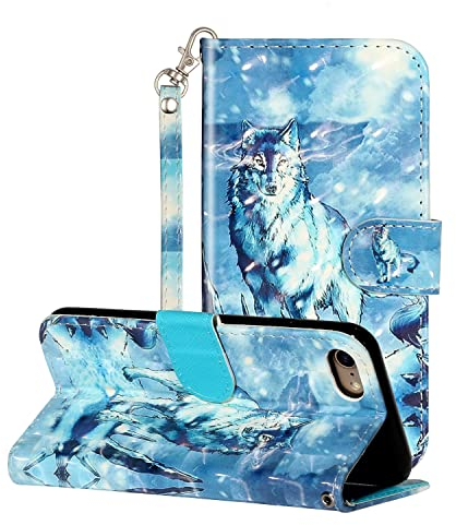 nancencen Handyhülle für iPhone 7 / iPhone 8 Hülle, Hochwertiges PU-Material mit Glatter Haptik [Staubdicht] [Magnetverschluss] Vintage Glitzer Leder Cover Flip Case,Wolf