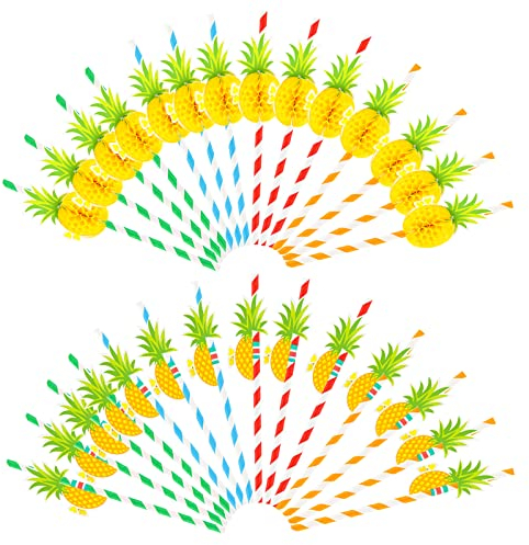 50 Pièces Papier Cocktail Pailles 3D Flamingo Pailles Cocktail Ananas Pailles PaillesPapier Jetables Biodégradables Paille Cocktail Hawai Paille en Papier à Fruits pour Fête Célébration (Ananas)