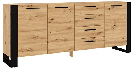 BIM Furniture Kommode Nuka – Sideboard 45x197x87 cm mit 3 Türen und 4 Schubladen, Wohnzimmerkommode, Viel Stauraum, Industrial-Design - Eiche Artisan/Matt Schwarz