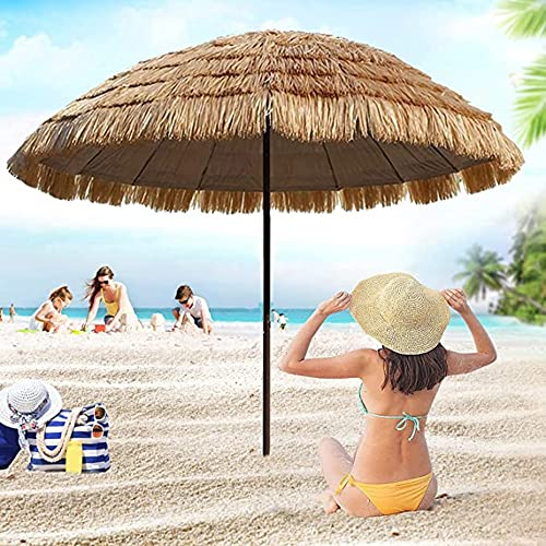 1.7M Parasol De Plage Hawaïen Parasol Extérieur en Paille D'imitation avec Parapluie De Terrasse À Franges,Idéal pour Jardin, Balcon, Parc, sans Base, Couleur Naturelle