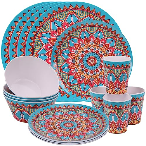 Trimming Shop Juego de vajilla de melamina de 16 piezas, platos, platos de postre, cuencos y tazas, juego de vajilla marroquí | Servicio para 4 | Juego de vajilla reutilizable para interior/exterior