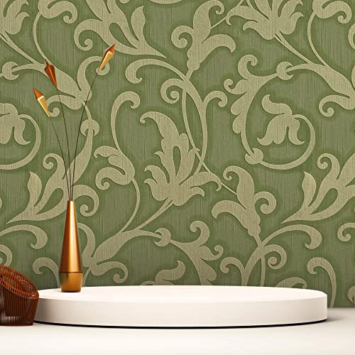 WTD 3766 Baroque Nicolo Papier peint intissé Vert métallisé classique