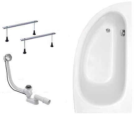BADLAND Badewanne Original Weiß Acryl Wanne Eckbadewanne MILENA 150x70 Rechts KOMPLETTSET SET + Füßen und Exklusive Chrom Automatik Ablaufgarnitur Made in EU 3in1