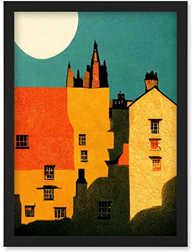 Wee Blue Coo Paper Cut Dean Village Edinburgh in Vibrant Reds and Yellows Artwork Framed Wall Art Print A4
