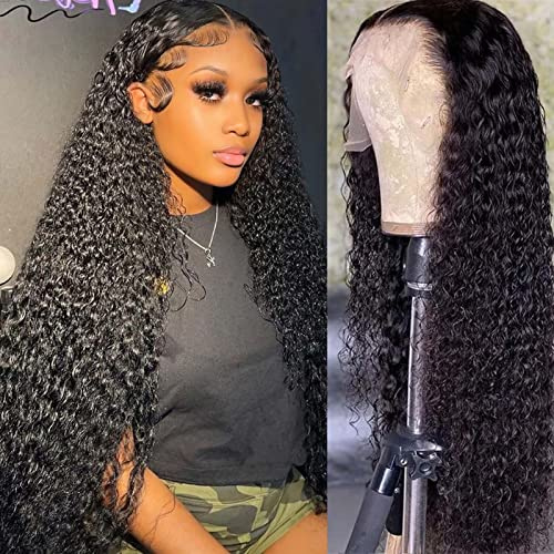 Filrku Pelucas de cabello humano ondulado con encaje frontal transparente HD de 13 x 4 pulgadas, sin pegamento, densidad del 180%, pelucas de cabello humano ondulado y húmedo de 26 pulgadas