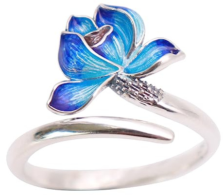 Blaue emaille lotusblume ring echt 925 sterling silber cloisonne lotus blume ring schmuck für damen offen verstellbar