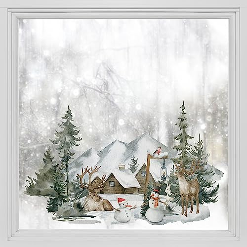 Alwayspon Statische Fensterfolie Privatsphäre, Doppelseitiger Fensteraufkleber, Anti-UV-Glasfolie für Weihnachtsdekoration, Schneemann Hirsch Wald T043