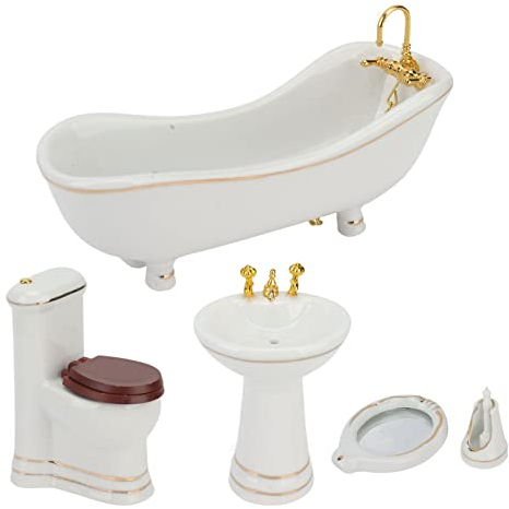 5-teiliges 1:12 Puppenhaus-Badezimmer-Set, Weiße Keramik, Toilettenbecken, Badewanne, Spiegel, Puppenhaus-Zubehör Badezimmer, Kuchenaufsatz, Spielzeug