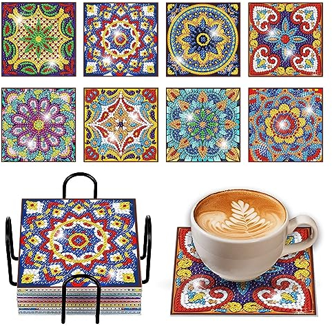 Souarts Mandala Diamond Painting Untersetzer mit Halter, 8PCS Eckig DIY Diamant Painting Coasters Basteln Erwachsene Kinder für Glas Tassen Vasen Kerzen Getränke