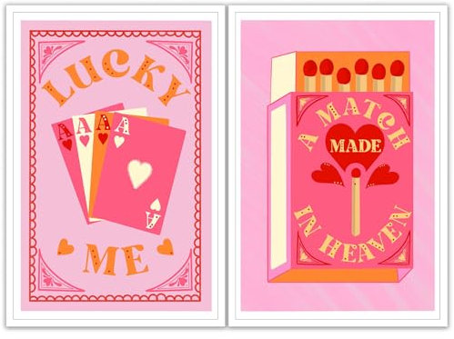 BFADMN Retro Trendy Match Made in Heaven | Lucky Me Poster | Orange und Pink Leinwand Wandkunst Lustige Zimmer Ästhetische Dekoration College Mädchen Poker Karte Bilder Hot Pink Preppy Schlafzimmer