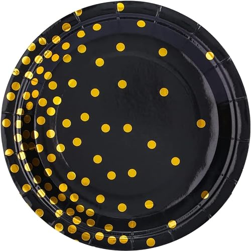 BOKFJBP 50 Pcs Party Paper Plates 9 inch, Black and Gold Foil Polka Dots 23cm Dinner Disposable Plate Tableware for Graduation Wedding Children's Birthday Camping Picnics All Occasions