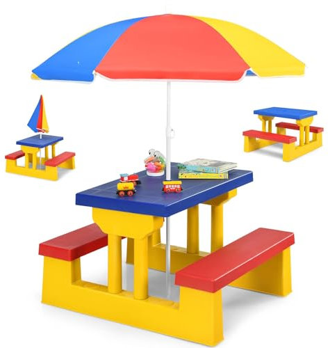 RELAX4LIFE Ensemble Salon de Jardin pour Enfant Comprenant 1 Table 2 Bancs 1 Parasol Centré en Couleurs Vives, Table de Jardin pour Pique-Nique Cour Patio Piscine (Coloré, PP | Dia.107x135cm)