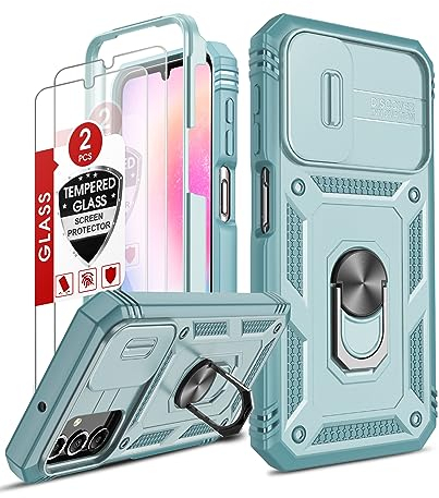 LeYi Funda para Samsung Galaxy A25 5G: con [2-Unidades] Cristal Vidrio Templado, Carcasa Cubierta de cámara Deslizante Proteger 360 Full Protección Anillo Soporte Bumper Case Cover for A25/A 25,Verde