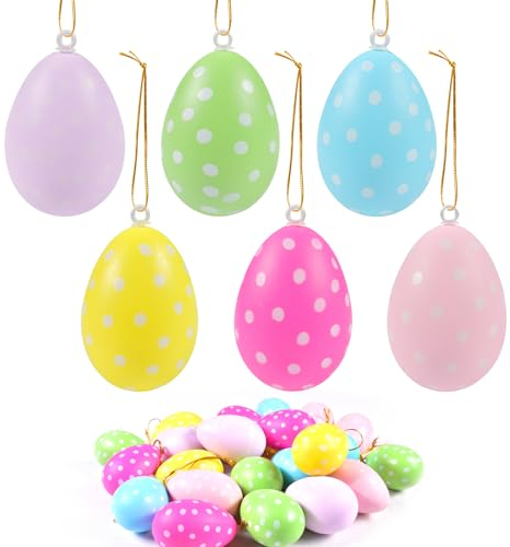 Qooloo 24 Stück Ostereier Plastik, Ostereier zum Aufhängen, Osteranhänger mit Schnüre, Ostereier Deko, für Osterdekoration, Partys 6x4cm