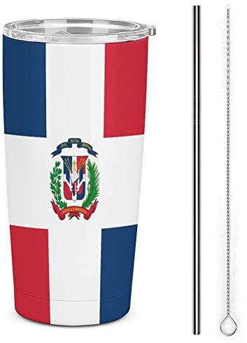 Taza de viaje divertida con diseño de bandera de República Dominicana de acero inoxidable con tapa y cepillo de limpieza