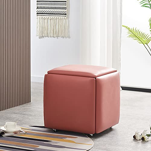 5-in-1-Ottoman-Stuhl, würfelförmig, stilvolle, stapelbare Hocker aus Kunstleder mit Rollen für Wohnzimmer und Esszimmer, kleine quadratische Fußstütze
