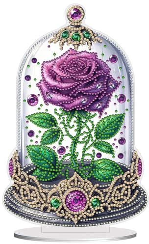 Starnearby Ornement de Bureau Broderie Diamant Rose sous Cloche Diamond Painting Ornement de Table, Ornement Peinture Diamant Rose la Belle et la Bête Bricolage Simple Face Strass Cadeau