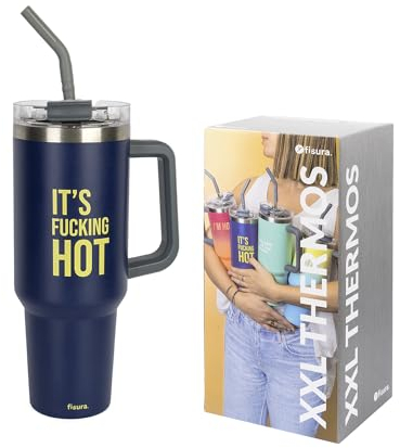 Fisura – Botella de agua térmica 1,2 litros Botella térmica grande. Botella de acero inoxidable. Sin BPA. 24 horas frío / 12 horas calor. Con pajita incluida. 9,8 cm x 27,8 cm (Hot, azul oscuro)