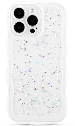ZTOFERA Wavy Case for iPhone 13 Pro Max (6.7), Cute Girls Clear Curly Wave Frame Shape Bling Sparkle Star Glitters Soft TPU Back Cover Protective Phone Case Lightweight Shockproof Bumper Cover, White