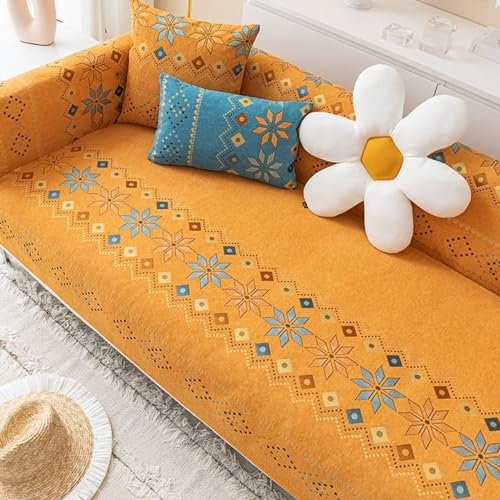Epinki Sofaüberwurf, 110x160CM Sofa Überzug 1 Sitzer Bohemian Stil Geometrisch Blumen Muster, rutschfeste Couchbezug Hund aus Chenille Anti-Rutsch-Couch, Orange