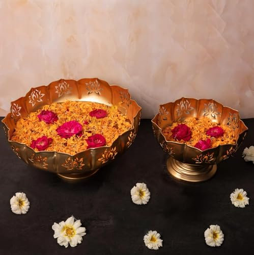 TIED RIBBONS Lotus Urli Metal Bowl for Christmas Decorations | Iron | Set of 2 | 7, 6 Inch H | Urlis for Decoration Indian | Urli Bowl for Floating Flowers, Tea Light Candle, Urli Bowl for Home décor