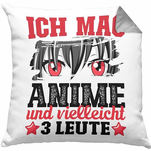 Trendation Anime Kissen mit Füllung 40x40 Geschenk Anime-Liebhaber Geschenkidee Ich Mag Anime Und Vielleicht 3 Leute (Grau)