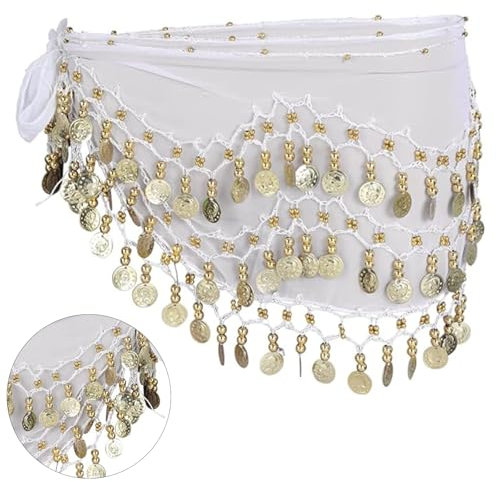 Chiffon Hüfttuch, Damen BauchtäNzerin KostüM, Tanztuch mit Münzen für Bauchtanz, Damen Bauchtanz Gürtel, Schwarz Bauchtanz Hüfttuch, für Mädchen Frau für Performance Kostüm Bauchtanz Yoga Kurs(Weiß)