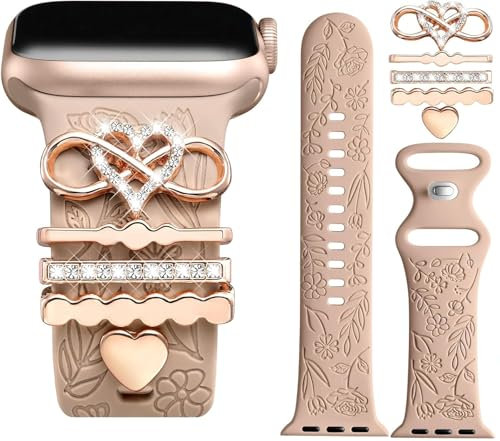 Designer Flower Engraved Strap with Charming Decoration Compatible with Apple Watch Straps Women 38mm 40mm 41mm 42mmm 44mm 45mm 46mm, Strap with Decoration for iWatch Series 11 10 9 8 7 6 5 4 SE